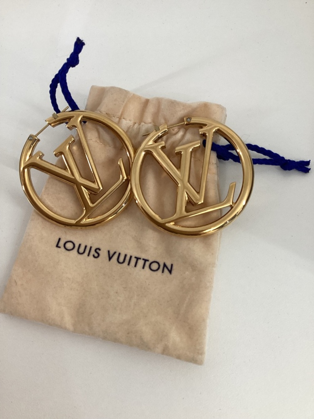 Pre Owned Louis Vuitton Gold Plated LV 2" Hoop Pierced Earrings. - Picture 3 of 3